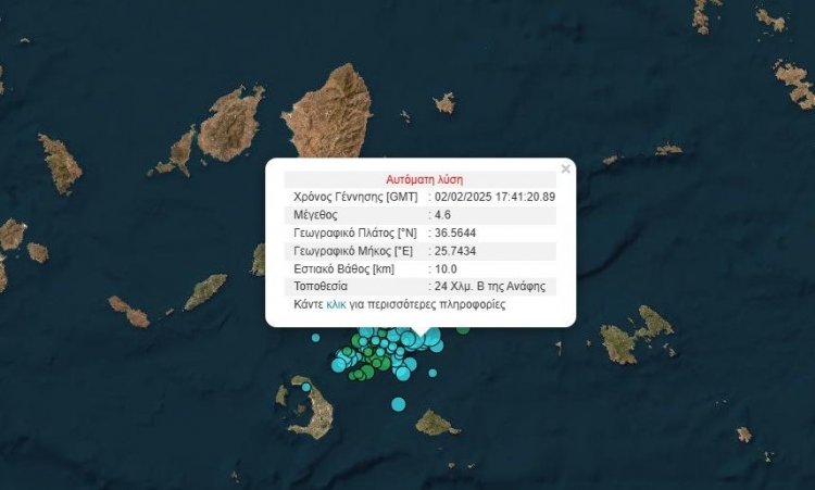 Earthquake in Anafi: Σεισμός μεγέθους 4,6 της κλίμακας Ρίχτερ σημειώθηκε στις 19:41 στην Ανάφη