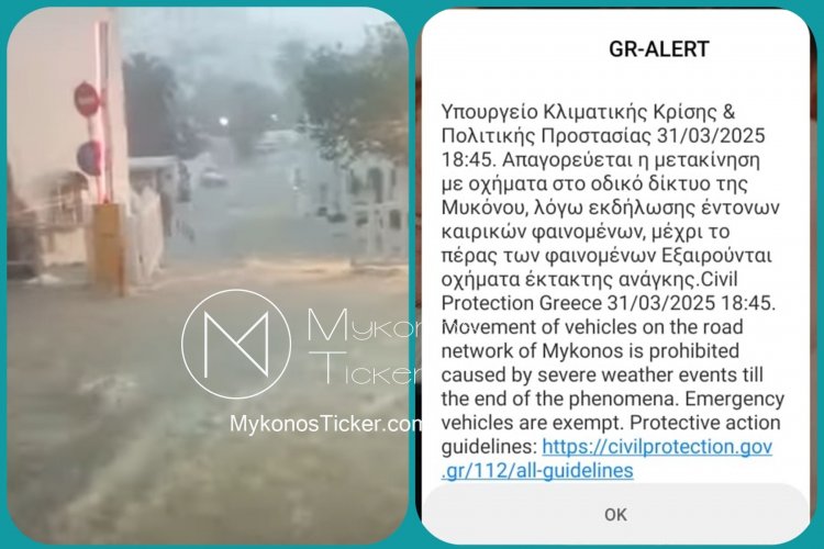 Heavy Rain & Storms: Μήνυμα από το 112, για Απαγόρευση Μετακίνησης με Οχήματα στη Μύκονο