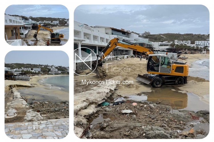 ΔEYA Mυκόvoυ: Εργασίες αποκατάστασης ζημιών και επανεπίχωσης αγωγού αποχέτευσης στην παραλία Πλατύ Γιαλός